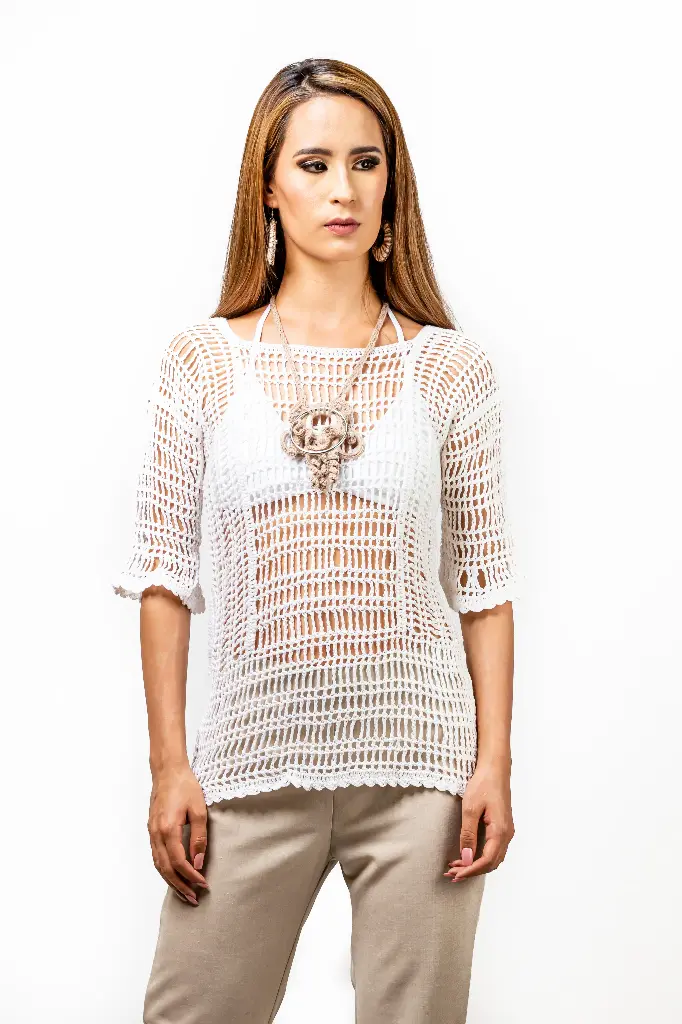 [04-004A] Chompa manga 3/4 tejida a mano (Blanco)